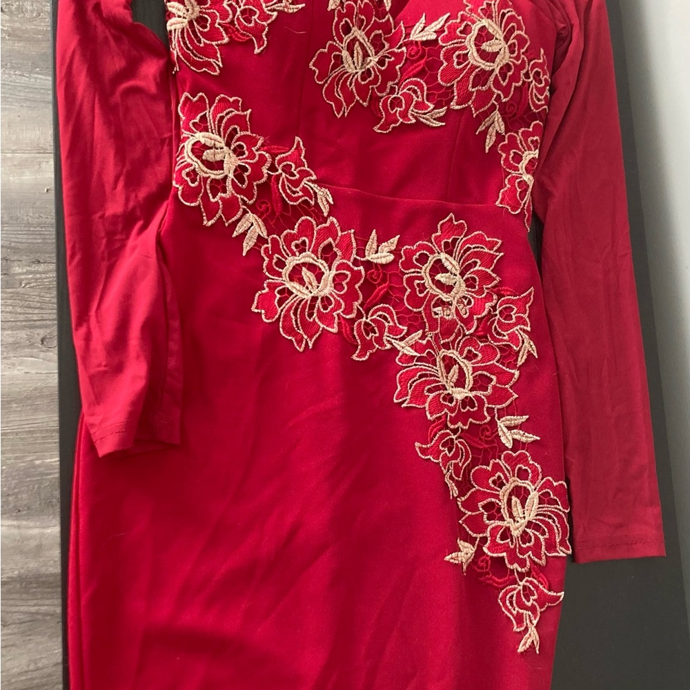 Elegant Red Floral Embroidered Dress